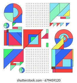 Trendy geometrical vector illustration with elements and abstract colorful textures. Design for summer holiday poster, card, brochure, and promotion template. Fashion art print and background.