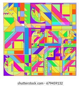 Trendy geometrical vector illustration with elements and abstract colorful textures. Design for summer holiday poster, card, brochure, and promotion template. Fashion art print and background.