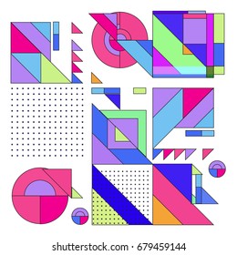 Trendy geometrical vector illustration with elements and abstract colorful textures. Design for summer holiday poster, card, brochure, and promotion template. Fashion art print and background.