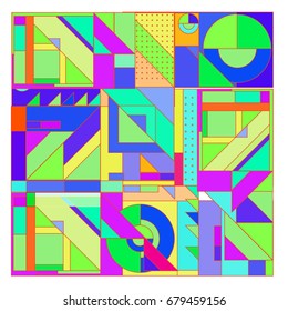 Trendy geometrical vector illustration with elements and abstract colorful textures. Design for summer holiday poster, card, brochure, and promotion template. Fashion art print and background.