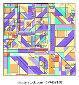 Trendy geometrical vector illustration with elements and abstract colorful textures. Design for summer holiday poster, card, brochure, and promotion template. Fashion art print and background.