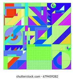 Trendy geometrical vector illustration with elements and abstract colorful textures. Design for summer holiday poster, card, brochure, and promotion template. Fashion art print and background.