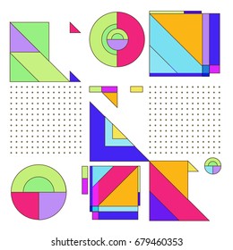 Trendy geometrical vector illustration with elements and abstract colorful textures. Design for summer holiday poster, card, brochure, and promotion template. Fashion art print and background.