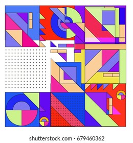 Trendy geometrical vector illustration with elements and abstract colorful textures. Design for summer holiday poster, card, brochure, and promotion template. Fashion art print and background.
