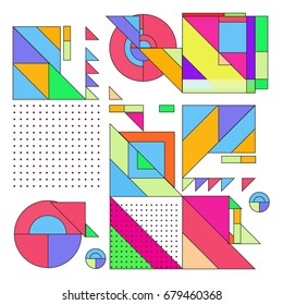 Trendy geometrical vector illustration with elements and abstract colorful textures. Design for summer holiday poster, card, brochure, and promotion template. Fashion art print and background.