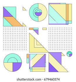 Trendy geometrical vector illustration with elements and abstract colorful textures. Design for summer holiday poster, card, brochure, and promotion template. Fashion art print and background.