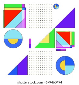 Trendy geometrical vector illustration with elements and abstract colorful textures. Design for summer holiday poster, card, brochure, and promotion template. Fashion art print and background.