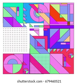 Trendy geometrical vector illustration with elements and abstract colorful textures. Design for summer holiday poster, card, brochure, and promotion template. Fashion art print and background.