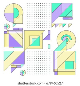 Trendy geometrical vector illustration with elements and abstract colorful textures. Design for summer holiday poster, card, brochure, and promotion template. Fashion art print and background.
