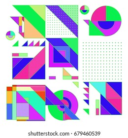 Trendy geometrical vector illustration with elements and abstract colorful textures. Design for summer holiday poster, card, brochure, and promotion template. Fashion art print and background.