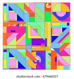 Trendy geometrical vector illustration with elements and abstract colorful textures. Design for summer holiday poster, card, brochure, and promotion template. Fashion art print and background.