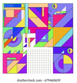 Trendy geometrical vector illustration with elements and abstract colorful textures. Design for summer holiday poster, card, brochure, and promotion template. Fashion art print and background.