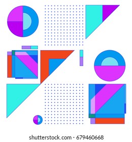 Trendy geometrical vector illustration with elements and abstract colorful textures. Design for summer holiday poster, card, brochure, and promotion template. Fashion art print and background.