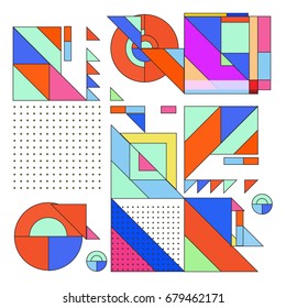 Trendy geometrical vector illustration with elements and abstract colorful textures. Design for summer holiday poster, card, brochure, and promotion template. Fashion art print and background.