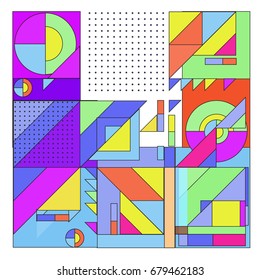 Trendy geometrical vector illustration with elements and abstract colorful textures. Design for summer holiday poster, card, brochure, and promotion template. Fashion art print and background.