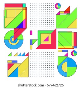 Trendy geometrical vector illustration with elements and abstract colorful textures. Design for summer holiday poster, card, brochure, and promotion template. Fashion art print and background.