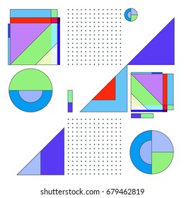 Trendy geometrical vector illustration with elements and abstract colorful textures. Design for summer holiday poster, card, brochure, and promotion template. Fashion art print and background.