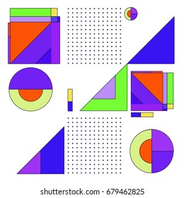 Trendy geometrical vector illustration with elements and abstract colorful textures. Design for summer holiday poster, card, brochure, and promotion template. Fashion art print and background.