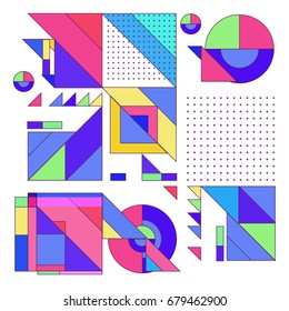 Trendy geometrical vector illustration with elements and abstract colorful textures. Design for summer holiday poster, card, brochure, and promotion template. Fashion art print and background.