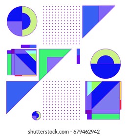 Trendy geometrical vector illustration with elements and abstract colorful textures. Design for summer holiday poster, card, brochure, and promotion template. Fashion art print and background.