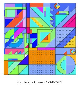 Trendy geometrical vector illustration with elements and abstract colorful textures. Design for summer holiday poster, card, brochure, and promotion template. Fashion art print and background.