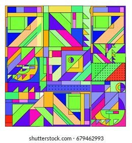 Trendy geometrical vector illustration with elements and abstract colorful textures. Design for summer holiday poster, card, brochure, and promotion template. Fashion art print and background.