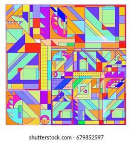 Trendy geometrical vector illustration with elements and abstract colorful textures. Design for summer holiday poster, card, brochure, and promotion template. Fashion art print and background.