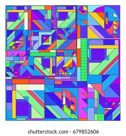 Trendy geometrical vector illustration with elements and abstract colorful textures. Design for summer holiday poster, card, brochure, and promotion template. Fashion art print and background.