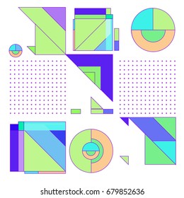 Trendy geometrical vector illustration with elements and abstract colorful textures. Design for summer holiday poster, card, brochure, and promotion template. Fashion art print and background.