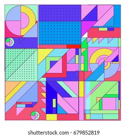 Trendy geometrical vector illustration with elements and abstract colorful textures. Design for summer holiday poster, card, brochure, and promotion template. Fashion art print and background.