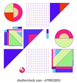 Trendy geometrical vector illustration with elements and abstract colorful textures. Design for summer holiday poster, card, brochure, and promotion template. Fashion art print and background.