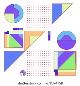 Trendy geometrical vector illustration with elements and abstract colorful textures. Design for summer holiday poster, card, brochure, and promotion template. Fashion art print and background.