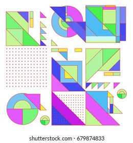 Trendy geometrical vector illustration with elements and abstract colorful textures. Design for summer holiday poster, card, brochure, and promotion template. Fashion art print and background.