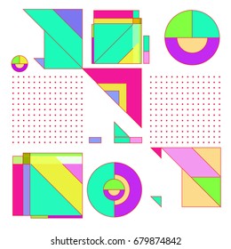 Trendy geometrical vector illustration with elements and abstract colorful textures. Design for summer holiday poster, card, brochure, and promotion template. Fashion art print and background.