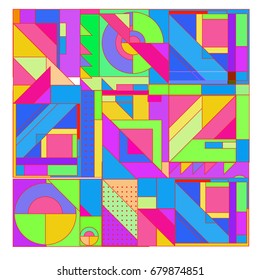 Trendy geometrical vector illustration with elements and abstract colorful textures. Design for summer holiday poster, card, brochure, and promotion template. Fashion art print and background.