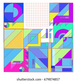 Trendy geometrical vector illustration with elements and abstract colorful textures. Design for summer holiday poster, card, brochure, and promotion template. Fashion art print and background.
