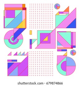Trendy geometrical vector illustration with elements and abstract colorful textures. Design for summer holiday poster, card, brochure, and promotion template. Fashion art print and background.