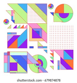 Trendy geometrical vector illustration with elements and abstract colorful textures. Design for summer holiday poster, card, brochure, and promotion template. Fashion art print and background.