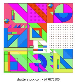 Trendy geometrical vector illustration with elements and abstract colorful textures. Design for summer holiday poster, card, brochure, and promotion template. Fashion art print and background.