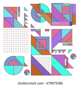 Trendy geometrical vector illustration with elements and abstract colorful textures. Design for summer holiday poster, card, brochure, and promotion template. Fashion art print and background.