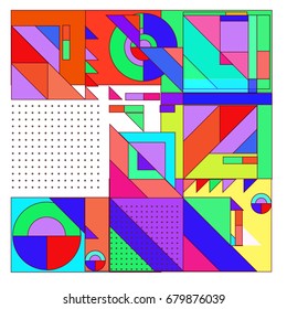 Trendy geometrical vector illustration with elements and abstract colorful textures. Design for summer holiday poster, card, brochure, and promotion template. Fashion art print and background.