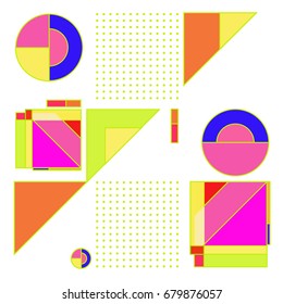Trendy geometrical vector illustration with elements and abstract colorful textures. Design for summer holiday poster, card, brochure, and promotion template. Fashion art print and background.