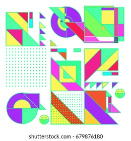 Trendy geometrical vector illustration with elements and abstract colorful textures. Design for summer holiday poster, card, brochure, and promotion template. Fashion art print and background.