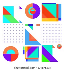 Trendy geometrical vector illustration with elements and abstract colorful textures. Design for summer holiday poster, card, brochure, and promotion template. Fashion art print and background.