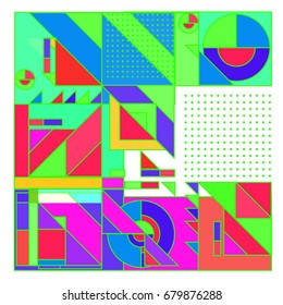 Trendy geometrical vector illustration with elements and abstract colorful textures. Design for summer holiday poster, card, brochure, and promotion template. Fashion art print and background.