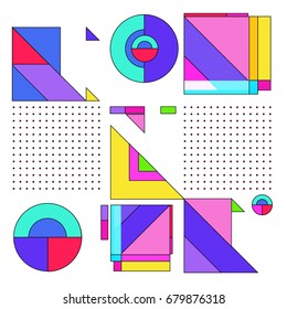 Trendy geometrical vector illustration with elements and abstract colorful textures. Design for summer holiday poster, card, brochure, and promotion template. Fashion art print and background.