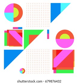 Trendy geometrical vector illustration with elements and abstract colorful textures. Design for summer holiday poster, card, brochure, and promotion template. Fashion art print and background.