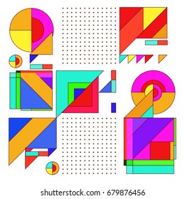 Trendy geometrical vector illustration with elements and abstract colorful textures. Design for summer holiday poster, card, brochure, and promotion template. Fashion art print and background.