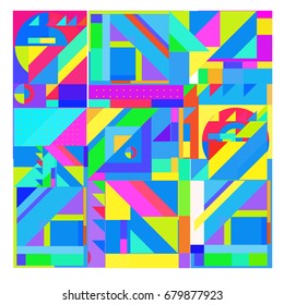 Trendy geometrical vector illustration with elements and abstract colorful textures. Design for summer holiday poster, card, brochure, and promotion template. Fashion art print and background.