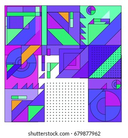Trendy geometrical vector illustration with elements and abstract colorful textures. Design for summer holiday poster, card, brochure, and promotion template. Fashion art print and background.
